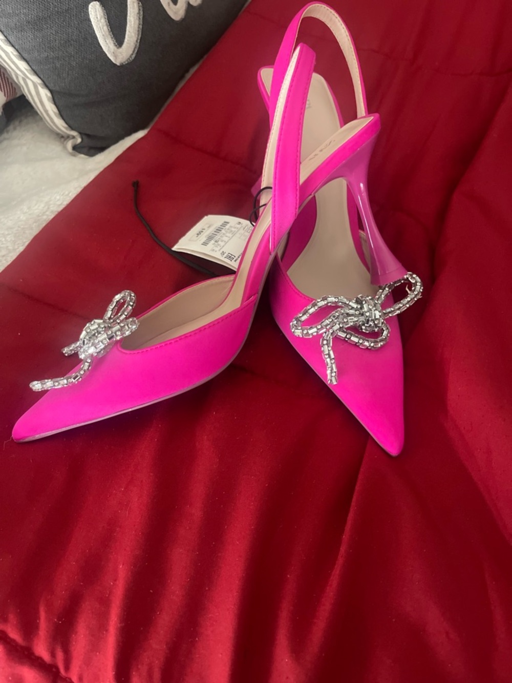 Zara Hot Pink Pointed-Toe Slingback Heels with Crystal Bow